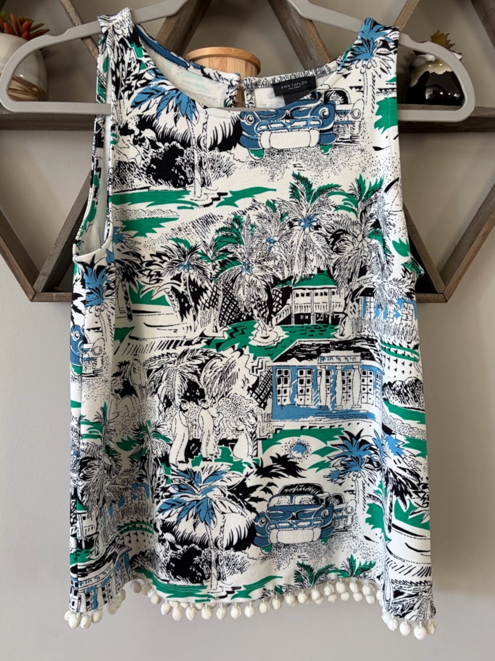 Ann Taylor Factory Tropical Print sleeveless top with pom pom detail. Size XS